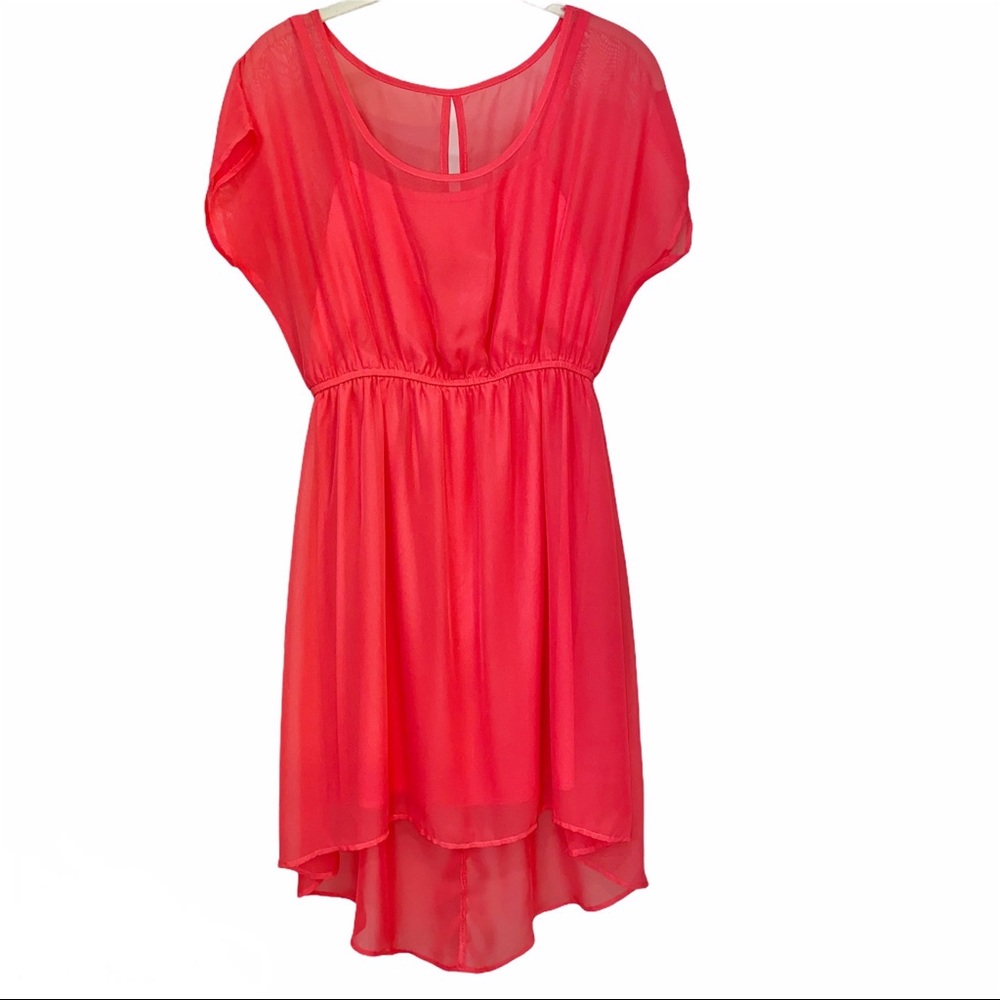 3/$30 Delirious Boho High Low Dress Bright Coral Small Chiffon Empire Keyhole S